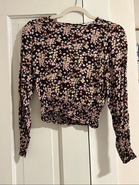 ROLLA'S Black Floral Smocked-Waist Long Sleeve Top